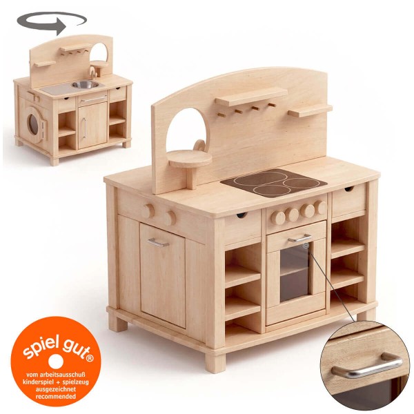 Kita-Kinderküche aus Massivholz – hochwertige Spielküche Holz beidseitig bespielbar für Kleinkinder ab 2 Jahren - Cinderella