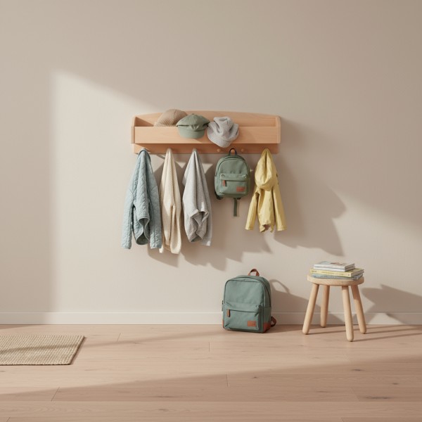 montessori Kindergarderobe im weiten Shot, stilvoll in ein modernes, helles Kinderzimmer integriert (Design-Inspiration).