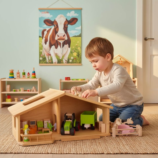 Natürliches Holz Puppenhaus als Bauernhof. Kind spielt konzentriert im warmen, skandinavischen Zimmer. Natürliches Holz Puppenhaus als Bauernhof. Kind spielt konzentriert im warmen, skandinavischen Zimmer.