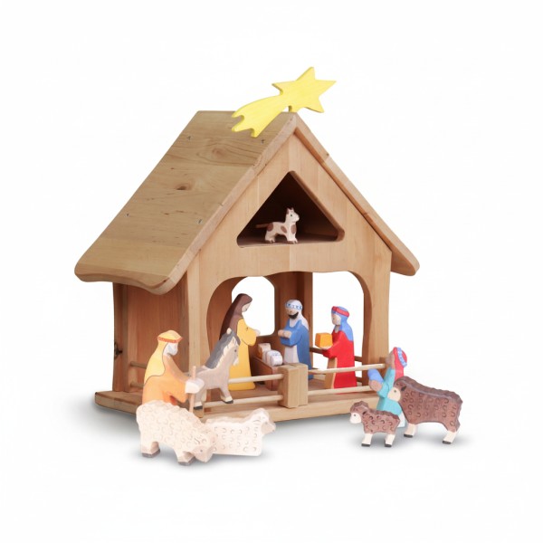 Holzkrippe | Weihnachtskrippe aus Massivholz | Kleiner Spielzeug-Bauernhof