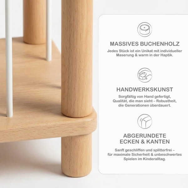 Detailaufnahme des Kuscheltier Zoos aus massivem Buchenholz mit hochwertiger Verarbeitung