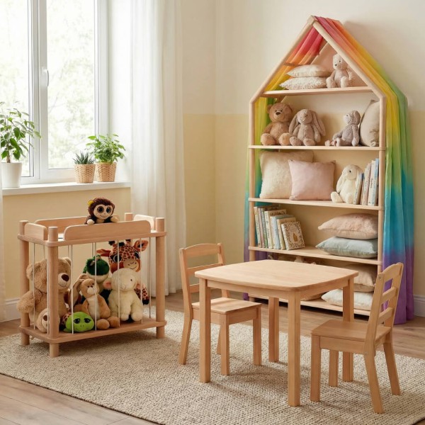 Kuscheltier Zoo aus Holz integriert in ein Montessori-Kinderzimmer mit Sitzgruppe und Regal