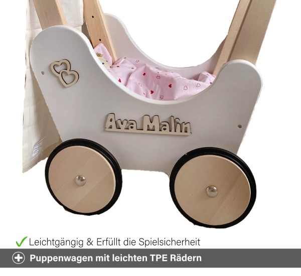 Puppenwagen mit Gummireifen - Holzräder mit TPE Gummi Bereifung Puppenwagen mit Gummireifen - Holzräder mit TPE Gummi Bereifung