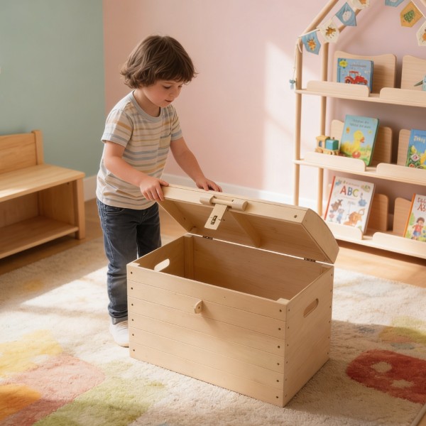 Kind räumt Spielsachen in die Holzkiste
