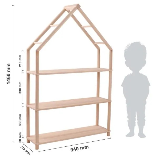Massiv Holz Kinder Bücherregal | 3 Fächer mit Spitzdach