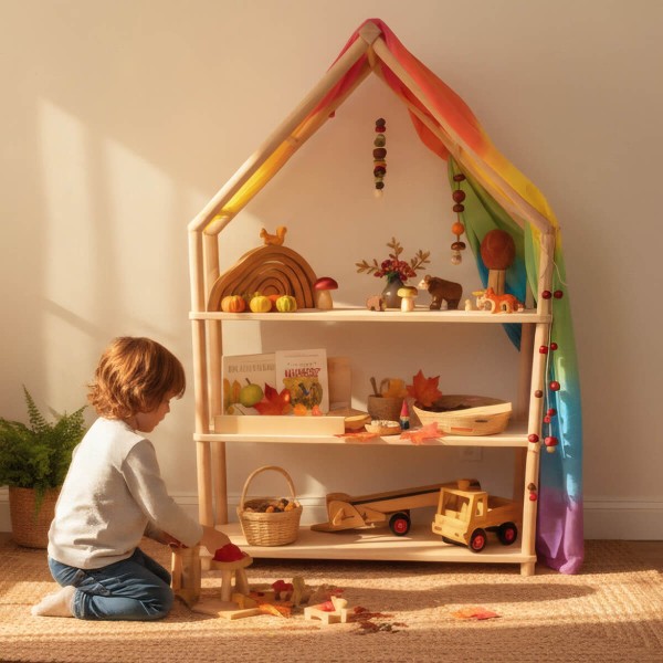 Montessori Bücherregal Bergen - aus Naturholz - als Themenregal der Jahreszeiten