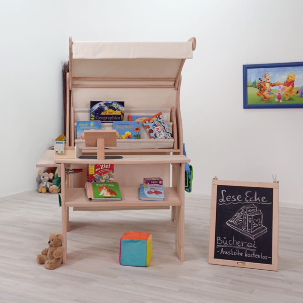 Montessori Kreidetafel mit Bücherregal kombinierbar für Kaufladen Spielständer