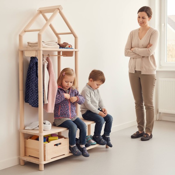 Kinder entdecken gemeinsam die Montessori Garderobe im Kita-Alltag und lernen spielerisch Selbstständigkeit.