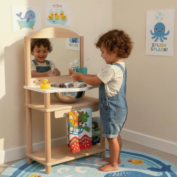 Montessori Waschtisch aus Buchenholz Natur – Kind wäscht sich am Spiegel die Hände in liebevoll eingerichtetem Kinderzimmer mit Quietscheente und Poster, fördert Selbstständigkeit und Alltagserleben
