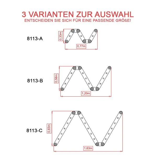 Beschreibung der Flexi-Kinder-Kletterdreiecke mit drei Varianten von 3, 5 und 7 Sprossen.