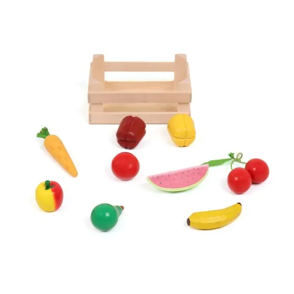 Spiellebensmittel aus Holz | Set 10-teilig mit Gemüse, Früchte, Stiege