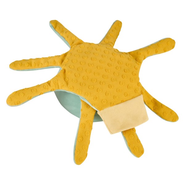 Unterseite der Oktopus Handpuppe mit strukturierten gelben Tentakeln und dem Handeingriff