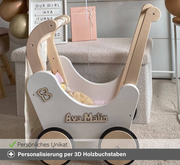 Lauflern Puppenwagen personalisierbar mit Namen und Herzchen per 3D Buchstaben Lauflern Puppenwagen personalisierbar mit Namen und Herzchen per 3D Buchstaben