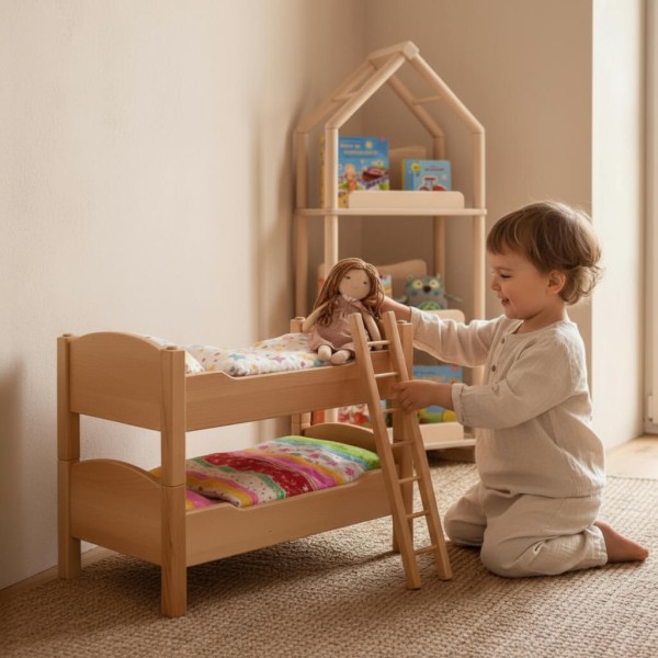 Puppenhochbett- Kleinkind legt Puppe abends zu Bett