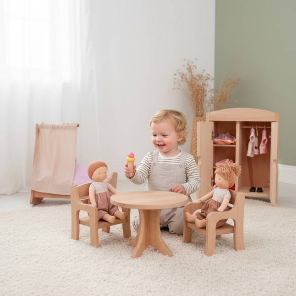 Puppenschrank, Puppentisch, Stühle, Wiege Puppenschrank, Puppentisch, Stühle, Wiege