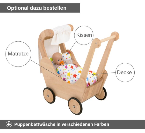 Lauflernwagen Puppenwagen optional mit 7 verschieden farbige Puppenbettwäsche Lauflernwagen Puppenwagen optional mit 7 verschieden farbige Puppenbettwäsche
