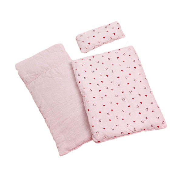 Puppenbettzeug rosa mit roten Herzchen Puppenbettzeug rosa mit roten Herzchen