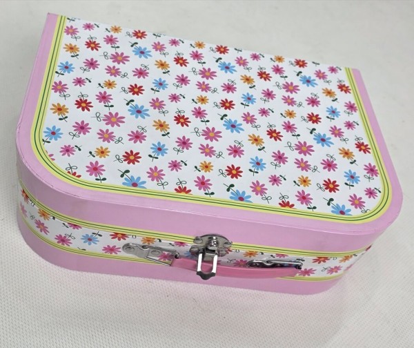 Buntes Kinder Teeservice aus Blech im rosa Koffer mit Blumenmuster