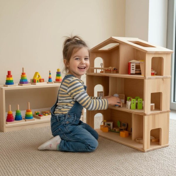 Kind spielt allein am großen Puppenhaus ANNA aus Buche Natur in hellem Montessori-Kinderzimmer – zentrales Holzspielzeug fördert Fantasie und freies Spiel