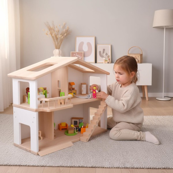 Weißes Holz-Puppenhaus Elsa aus Buche – Kind entdeckt fantasievoll sein Spielzimmer im skandinavischen Stil.
