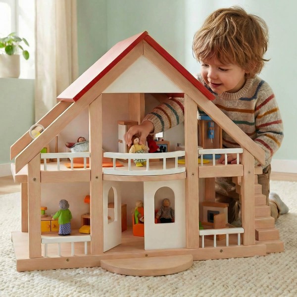 Puppenhaus aus Holz mit zwei Etagen im Einsatz, Kind spielt fantasievoll mit Puppenmöbeln