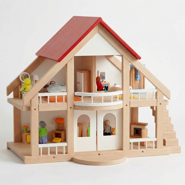 Großes Puppenhaus aus naturbelassenem Buchenholz mit rotem Dach, liebevoll mit Puppenmöbeln eingerichtet