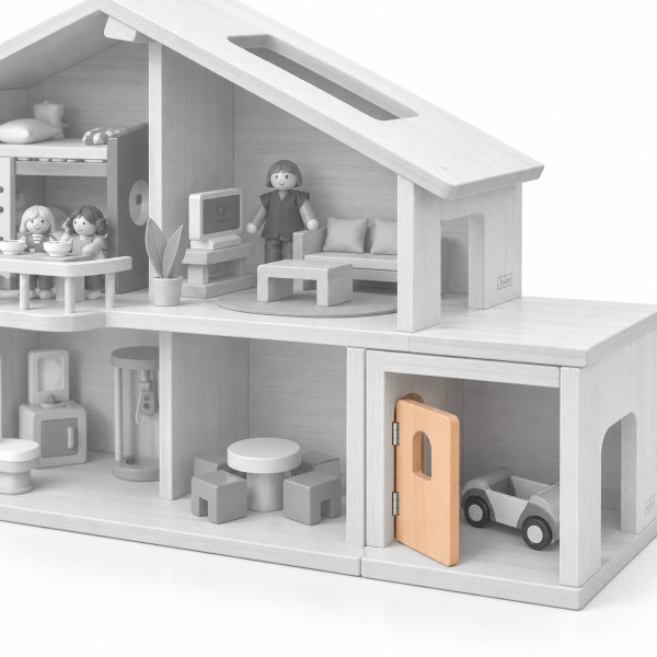 Holztür als Puppenhaus-Zubehör an der Garage montiert, mit Spielzeugauto im Stellplatz