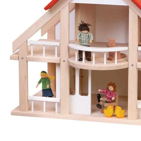 Puppenhaus in Natur und weiß mit rotem Dach mit Treppe und Püppchen - Detail