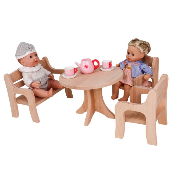 Set Puppenmöbel mit 2 Stühlen, einer Bank und einem Tisch Set Puppenmöbel mit 2 Stühlen, einer Bank und einem Tisch