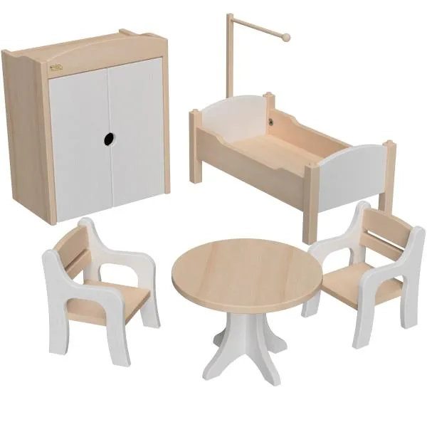 Puppenmöbel Set 6-teilig mit 2 Stühle, Tisch, Bett mit Himmel & Tuch, Kleiderschrank