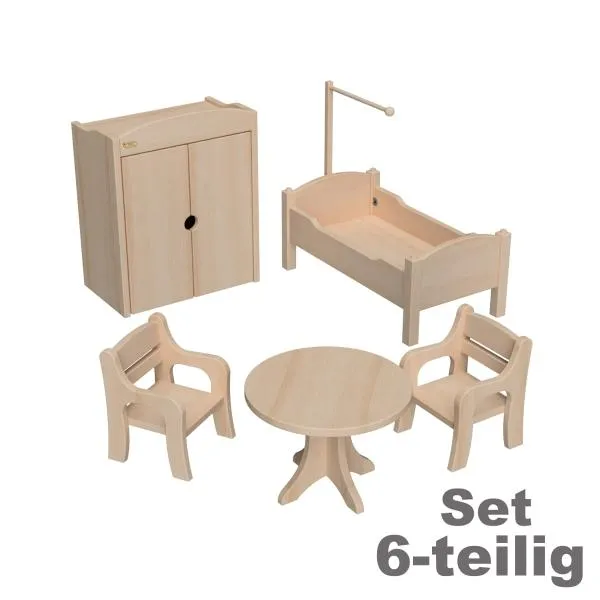 Puppenmöbel Set 6-teilig mit 2 Stühle, Tisch, Bett mit Himmel & Tuch, Kleiderschrank