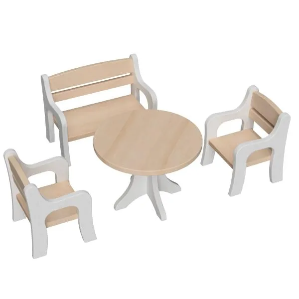 Set 3 mit 2 Stühle, Bank und Tisch - Waldorf Puppenmöbel Set in weiß-natur