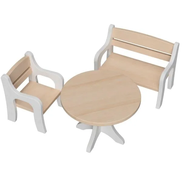 Set 2 mit Stuhl, Bank und Tisch - Waldorf Puppenmöbel Set in weiß-natur