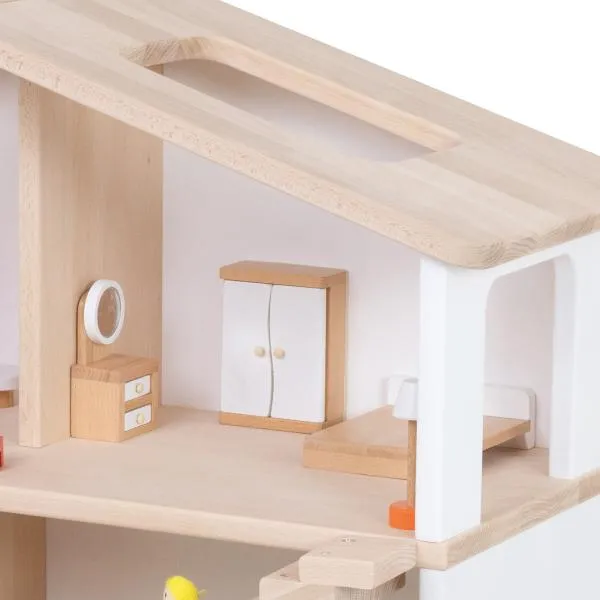Holz-Puppenhaus Anna Detail, schlafzimmer mit Möbeln, bett, schrank, kommode in natur-weiß