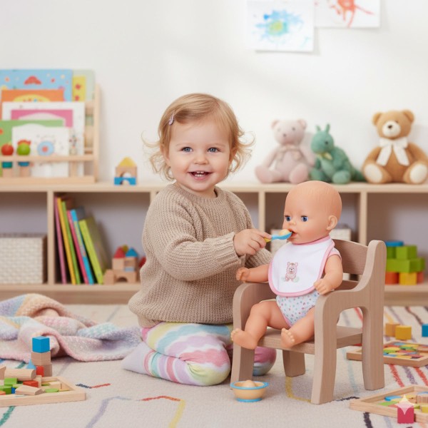 Kind spielt mit Puppe im Puppenstuhl Kind spielt mit Puppe im Puppenstuhl