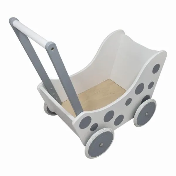 Puppenwagen aus Holz - DW18 weiß silber mit Punkten – Lauflernwagen – Laufwagen – Buggy – Puppenmutti – Baby Born Puppe