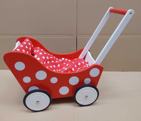 Rot-weißer Puppenwagen aus Holz mit Gummireifen in der Seitenansicht