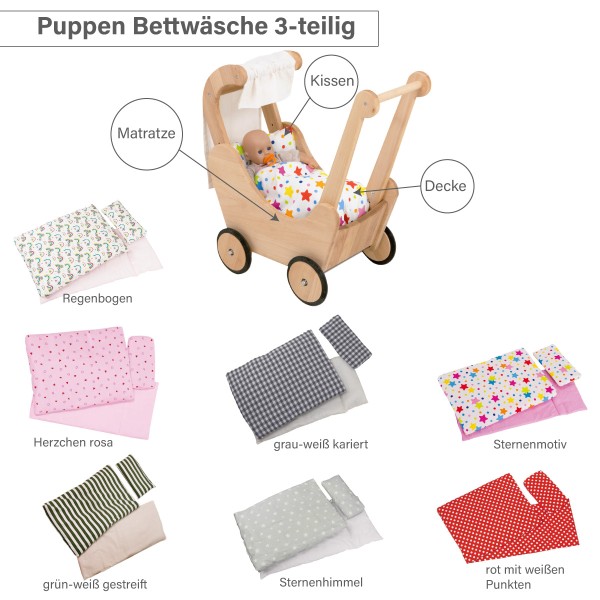 Lauflernwagen Puppenwagen optional mit 7 verschieden farbige Puppenbettwäsche Lauflernwagen Puppenwagen optional mit 7 verschieden farbige Puppenbettwäsche