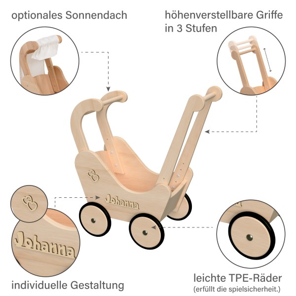 Waldorf Puppenwagen mit vielen Besonderheiten - mit höhenverstellbarem Griff + Sonnendach + Gummireifen + Personalisierbar Waldorf Puppenwagen mit vielen Besonderheiten - mit höhenverstellbarem Griff + Sonnendach + Gummireifen + Personalisierbar