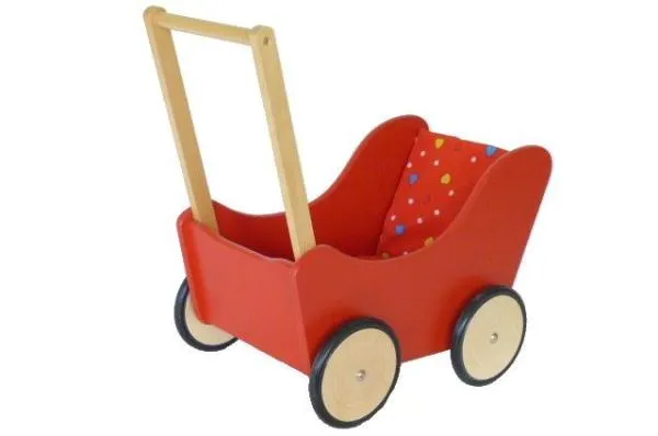 natur Puppenwagen Lauflernwagen aus Holz rot mit Garnitur und Gummirädern 011 