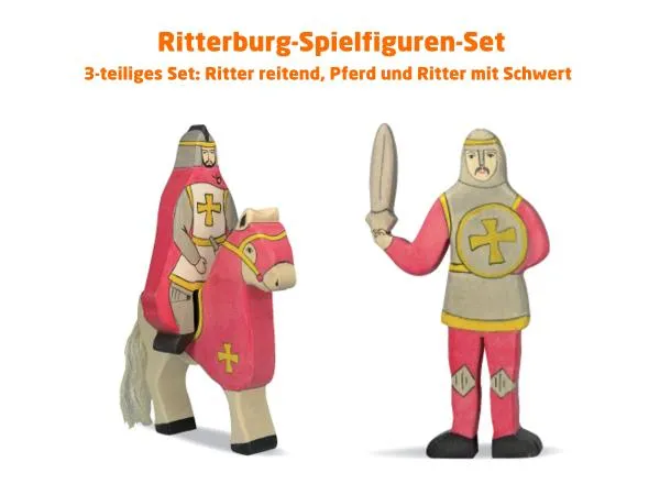 Ritter – Pferd – Ritter mit Schwert rot | Holztiger Ritterburg-Spielfiguren im Set
