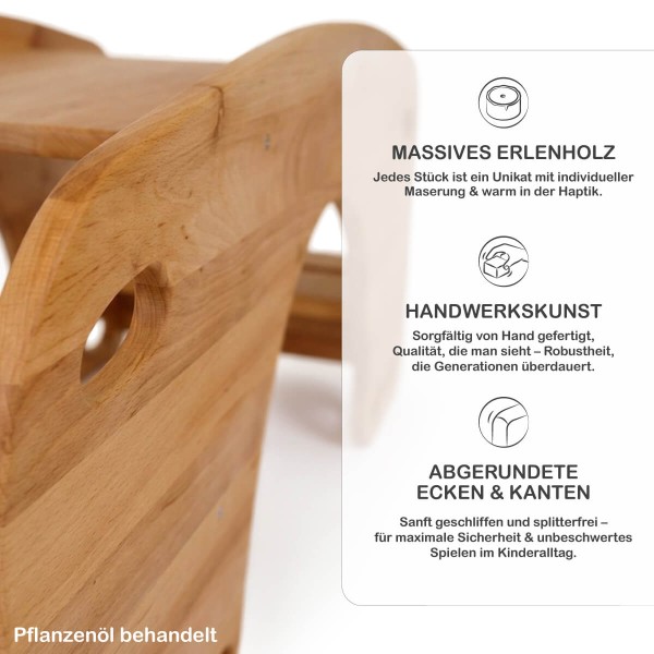 Nahaufnahme der natürlichen Holzmaserung der Schiffschaukel aus massivem Erlenhol