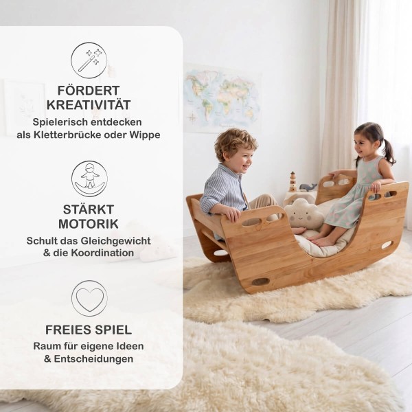 Infografik zur Holz Wippe zeigt Förderung von Kreativität, Motorik und Sicherheit