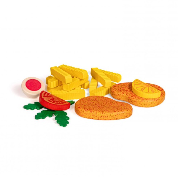 Holz Spielessen: Zwei Schnitzel, Pommes, Salat, Tomate und Zitrone von Erzi