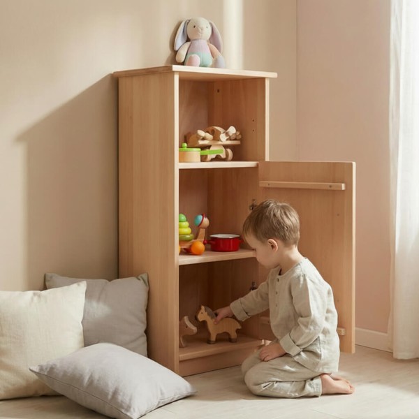 Kind spielt mit Butler Schrank aus Buche im natürlichen Kinderzimmer – offener Spielzeugschrank fördert Ordnung und Selbstständigkeit