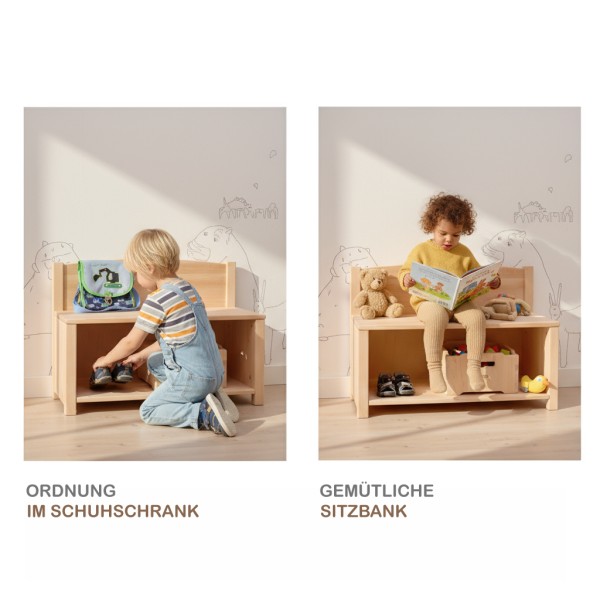 Kinder Sitzbank SIDNEY aus Erlenholz im hellen Kinderzimmer, links als Sitzbank mit Kind, rechts als offener Schuhschrank, raumfüllende Darstellung im Peitz-Stil.