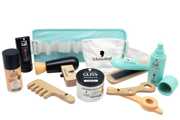 Schwarzkopf Friseur-Set 12-teilig aus Holz mit Gürtel und Pflegeprodukten