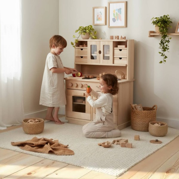 Spielküche mit Herd und Spüle - Kleinkinder kochen auf dem Herd eine Gemüsesuppe Spielküche mit Herd und Spüle - Kleinkinder kochen auf dem Herd eine Gemüsesuppe