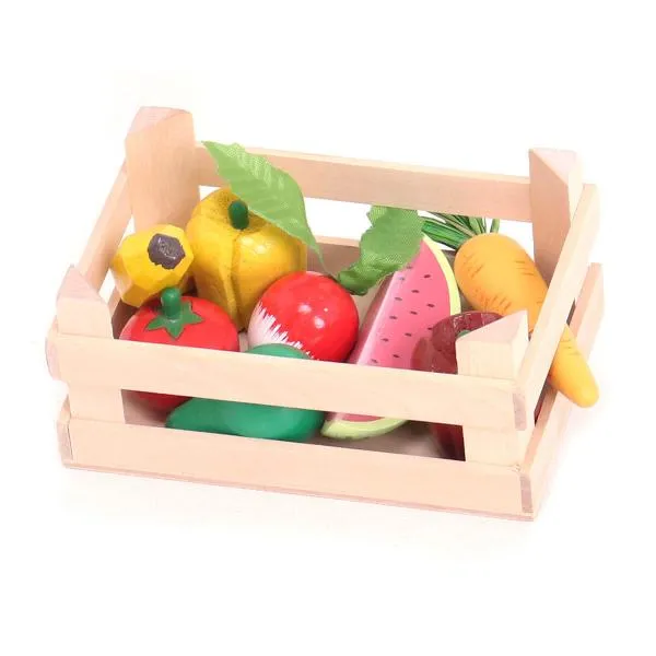 Lebensmittel Set aus Holz mit Stiege - 9-teilig - mit Obst und Gemüse