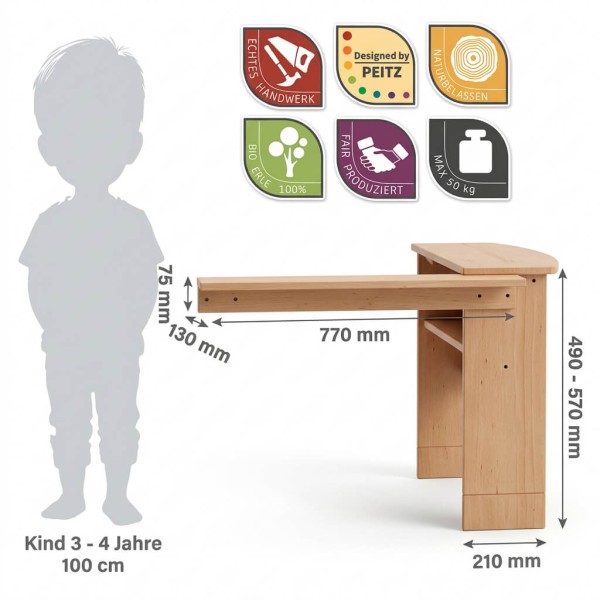 Holz Spieltheke mit Maßangaben und Größenvergleich – ideal für Kinder im Spielhaus